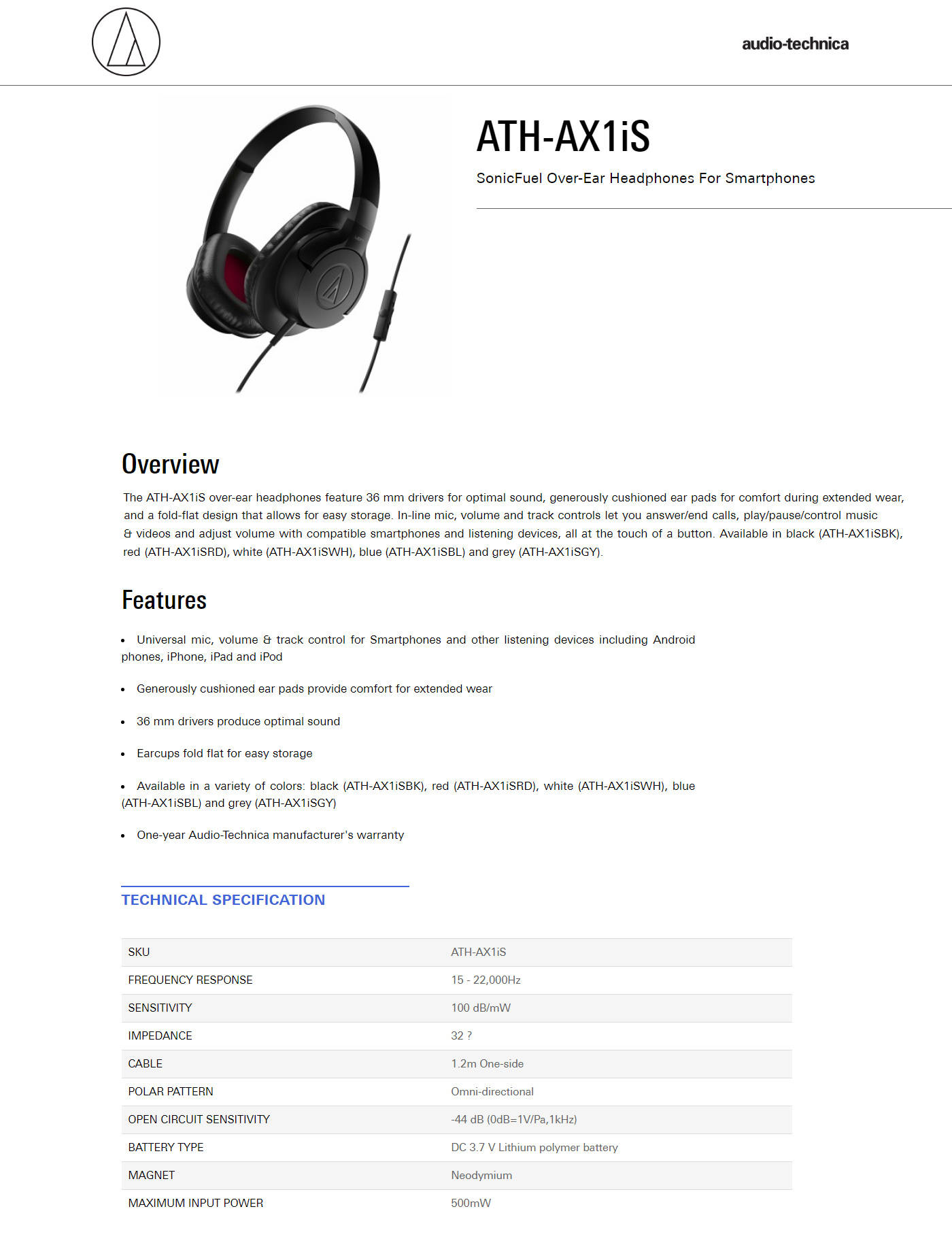 Buy Online Audio Technica ATH-AX1IS-BK SonicFuel Over-ear Headphones - Black
