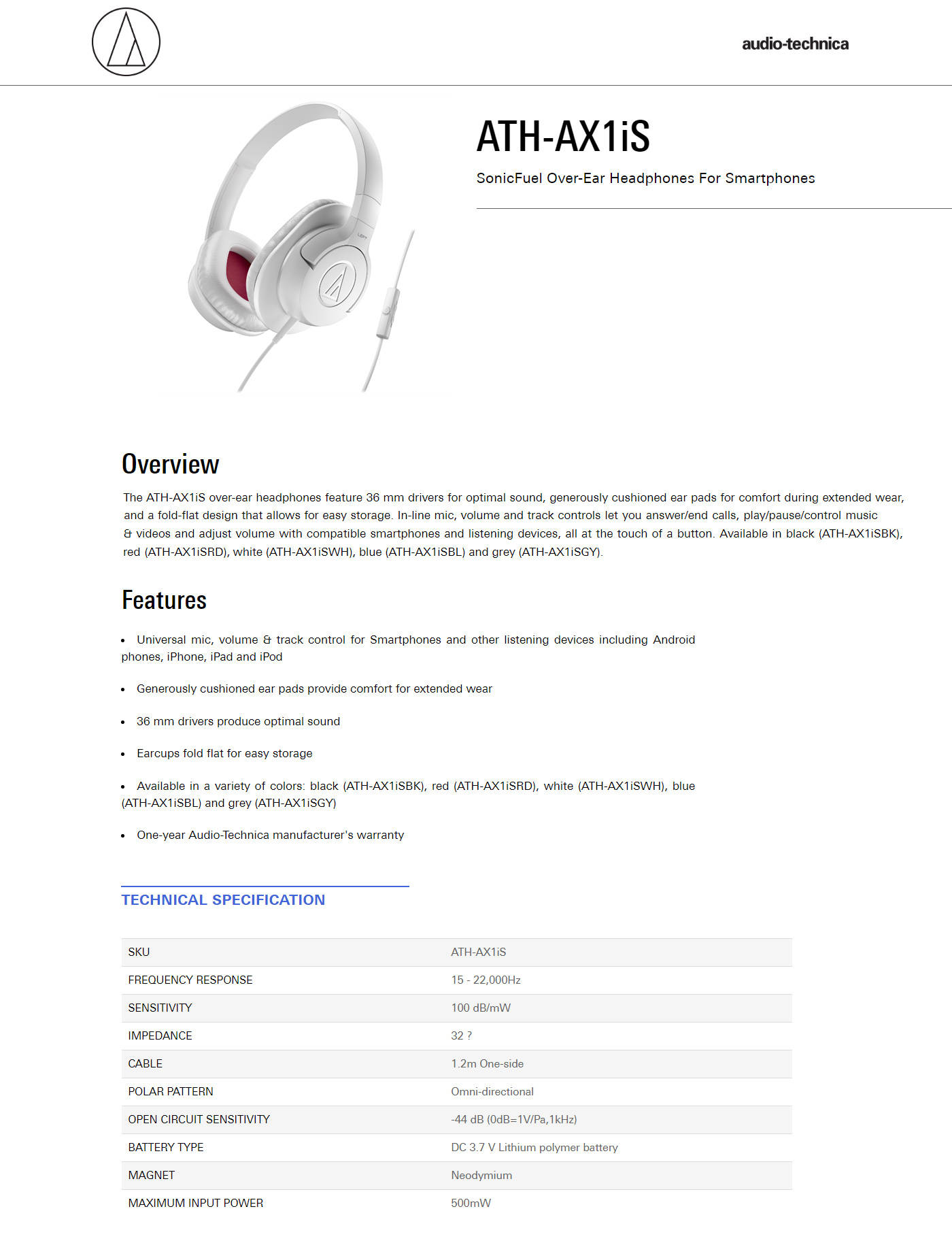 Buy Online Audio Technica ATH-AX1IS-WH SonicFuel Over-ear Headphones - White