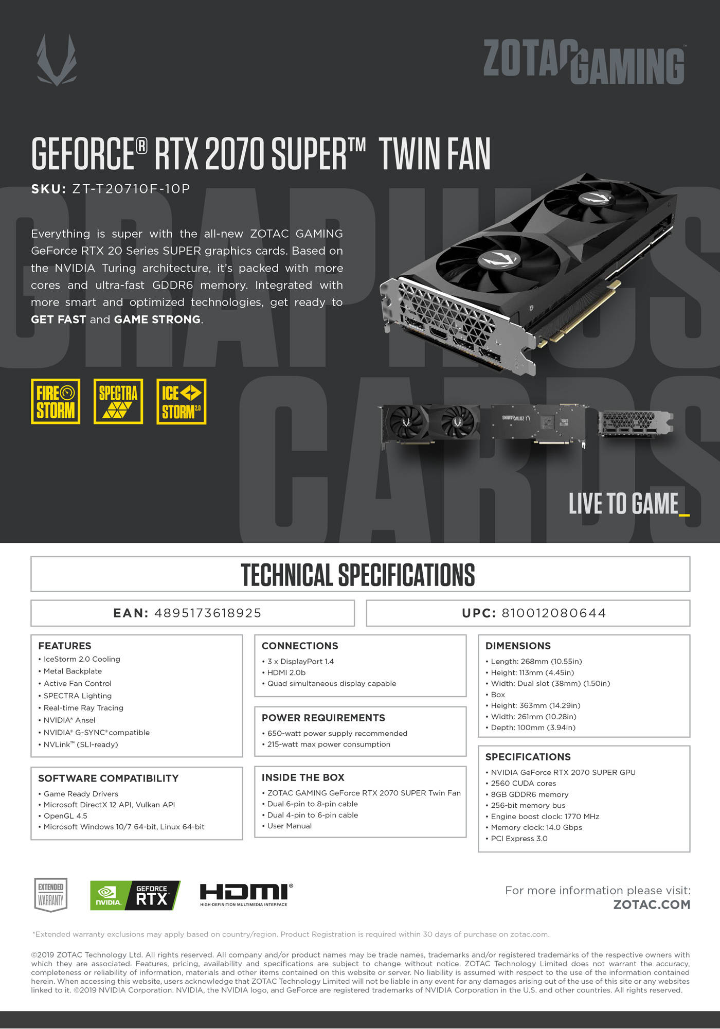 Buy Online Zotac Gaming GeForce RTX 2070 Super Twin Fan 8GB GDDR6 (ZT-T20710F-10P)