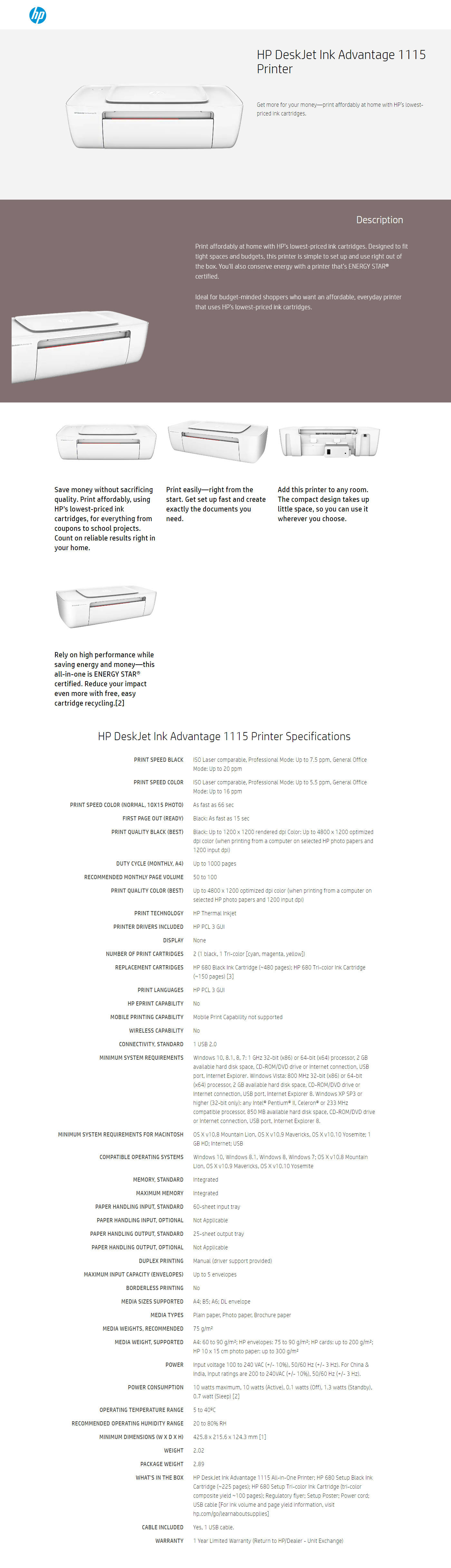 Buy Online HP DeskJet Ink Advantage 1115 Printer (F5S21B)