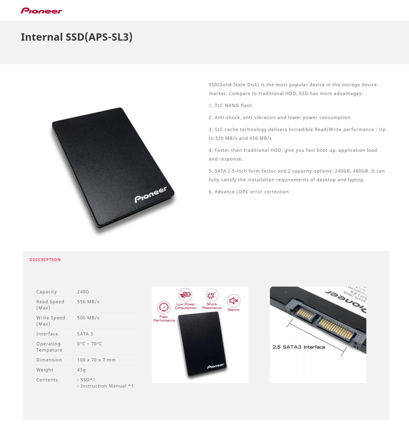 Buy Online Pioneer 240GB SATA Internal Solid State Drive (APS-SL3N-240)