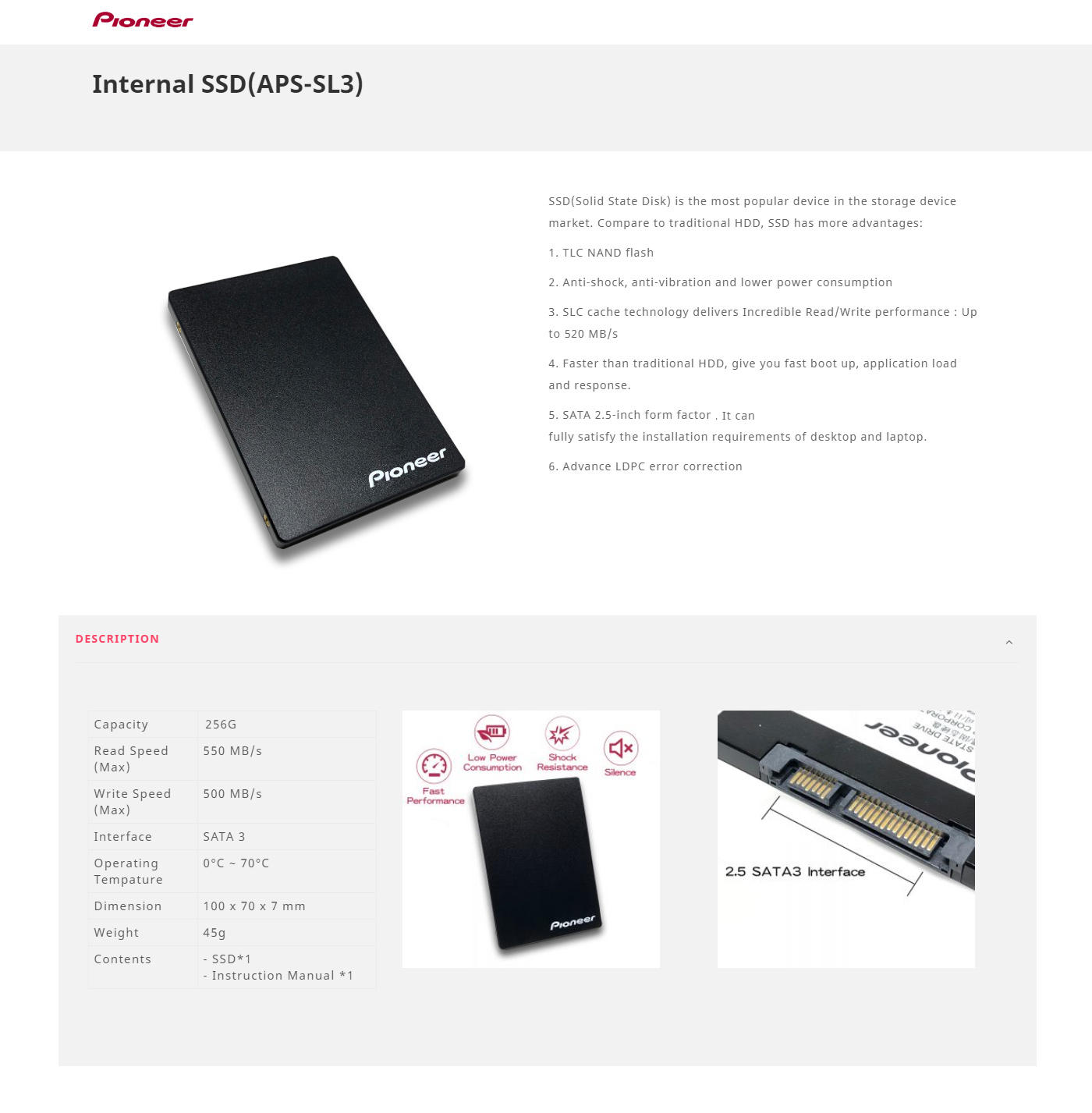 Buy Online Pioneer 256GB SATA Internal Solid State Drive (APS-SL3N-256)