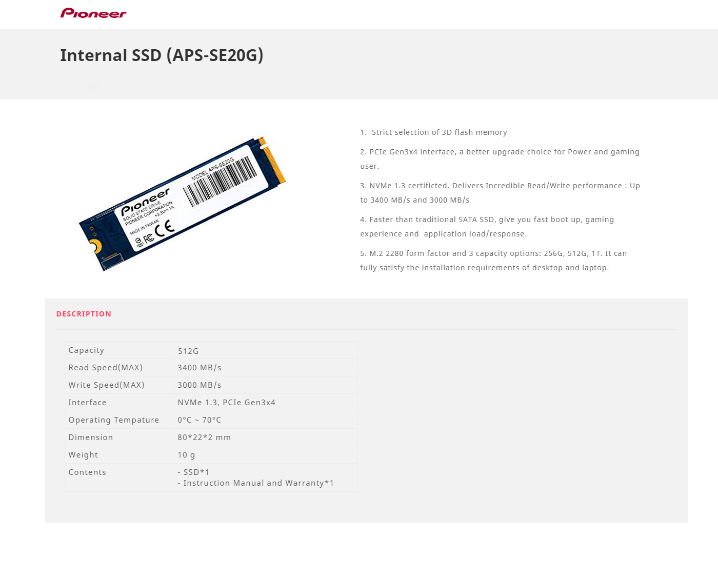 Buy Online Pioneer 512GB NVMe M.2 Internal Solid State Drive (APS-SE20G-512)