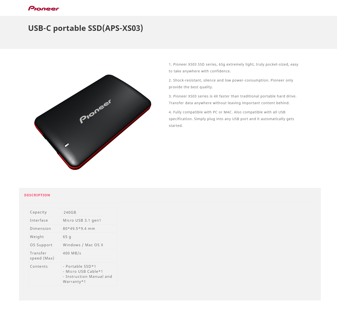 Buy Online Pioneer 240GB USB External Solid State Drive (APS-XS03-240)
