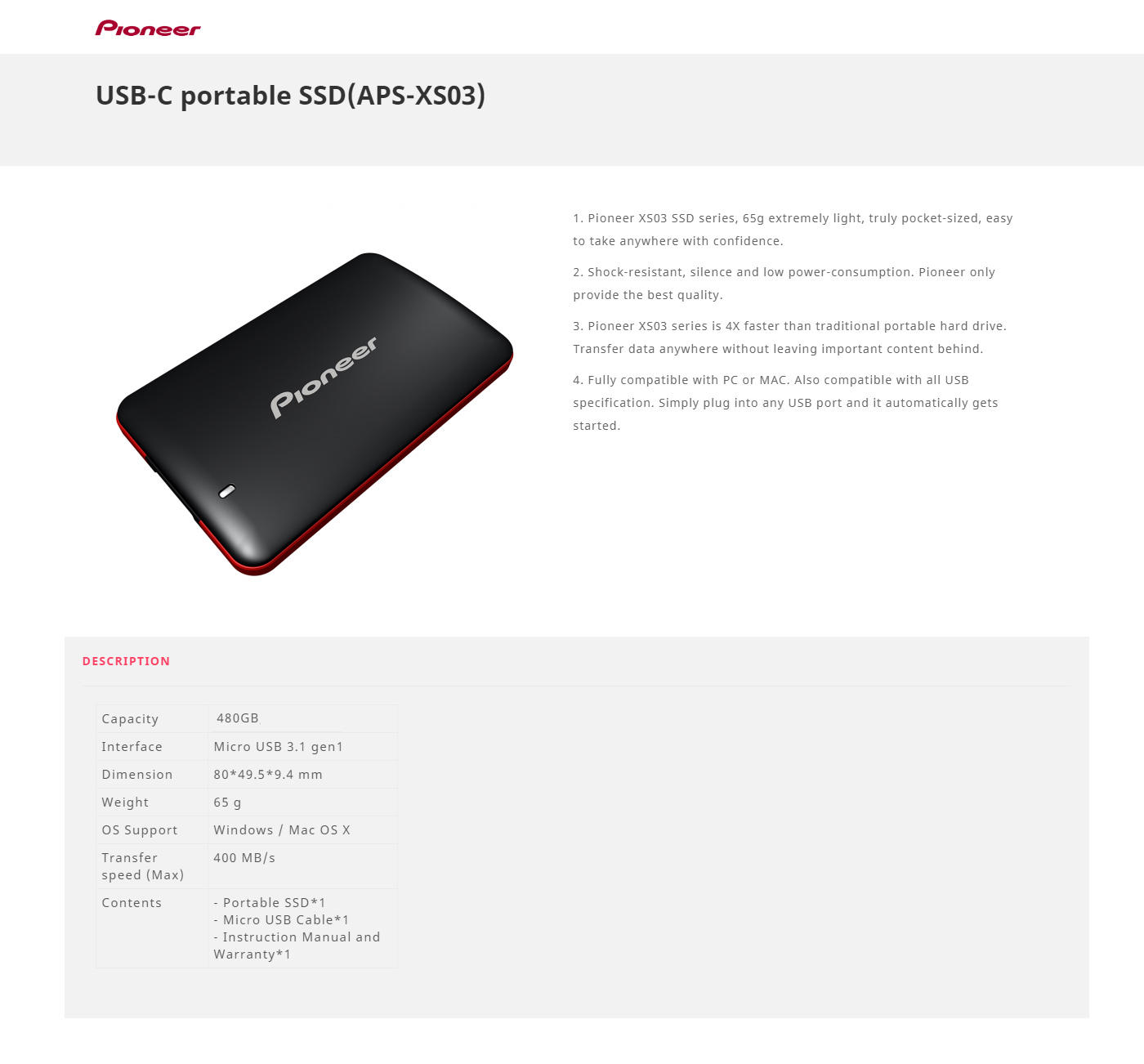 Buy Online Pioneer 480GB USB External Solid State Drive (APS-XS03-480)