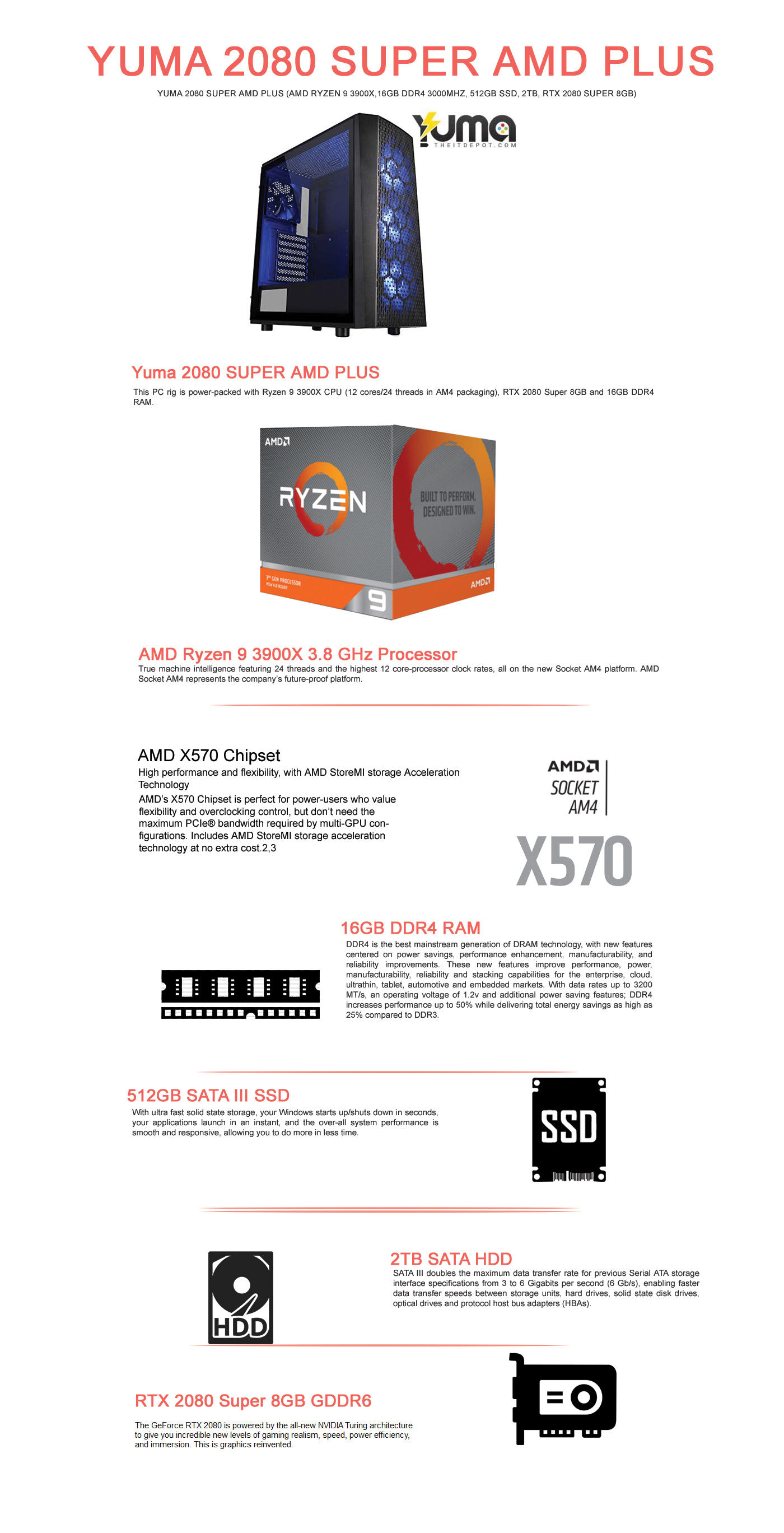 Buy Online Yuma 2080 Super AMD Plus (AMD Ryzen 9 3900X, 16GB, 500GB SSD, 2TB, RTX 2080 8GB)