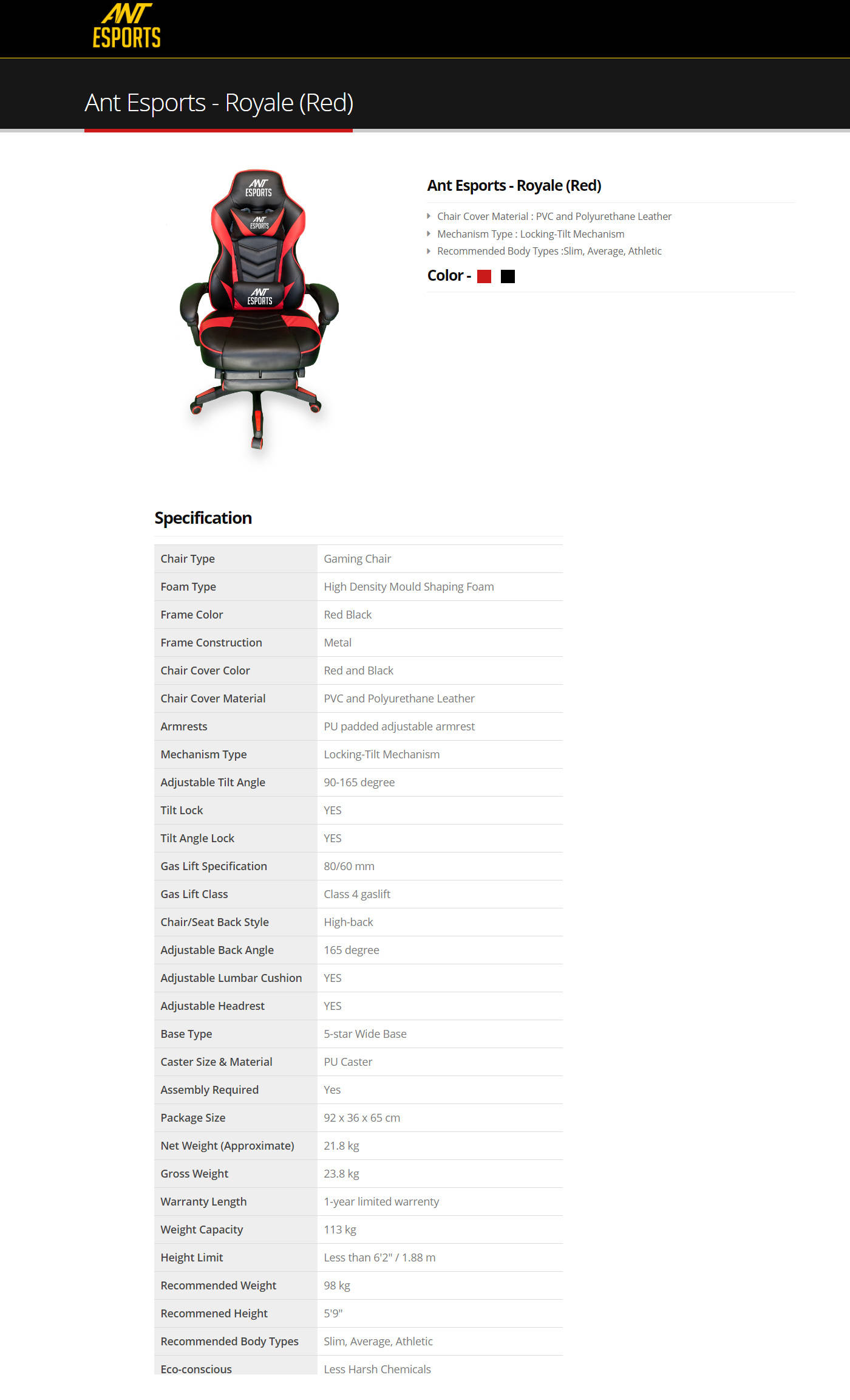 Buy Online Ant Esports Royale Gaming Chair - Red-Black