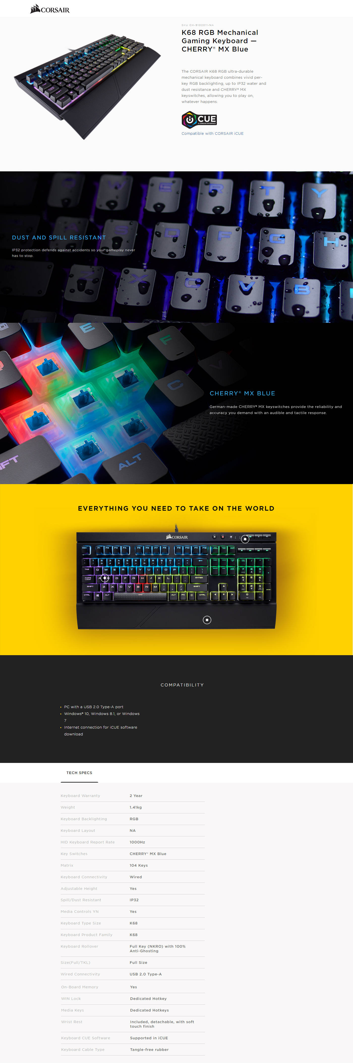 Buy Online Corsair K68 RGB Mechanical Gaming Keyboard - Cherry MX Blue (CH-9102011-NA)