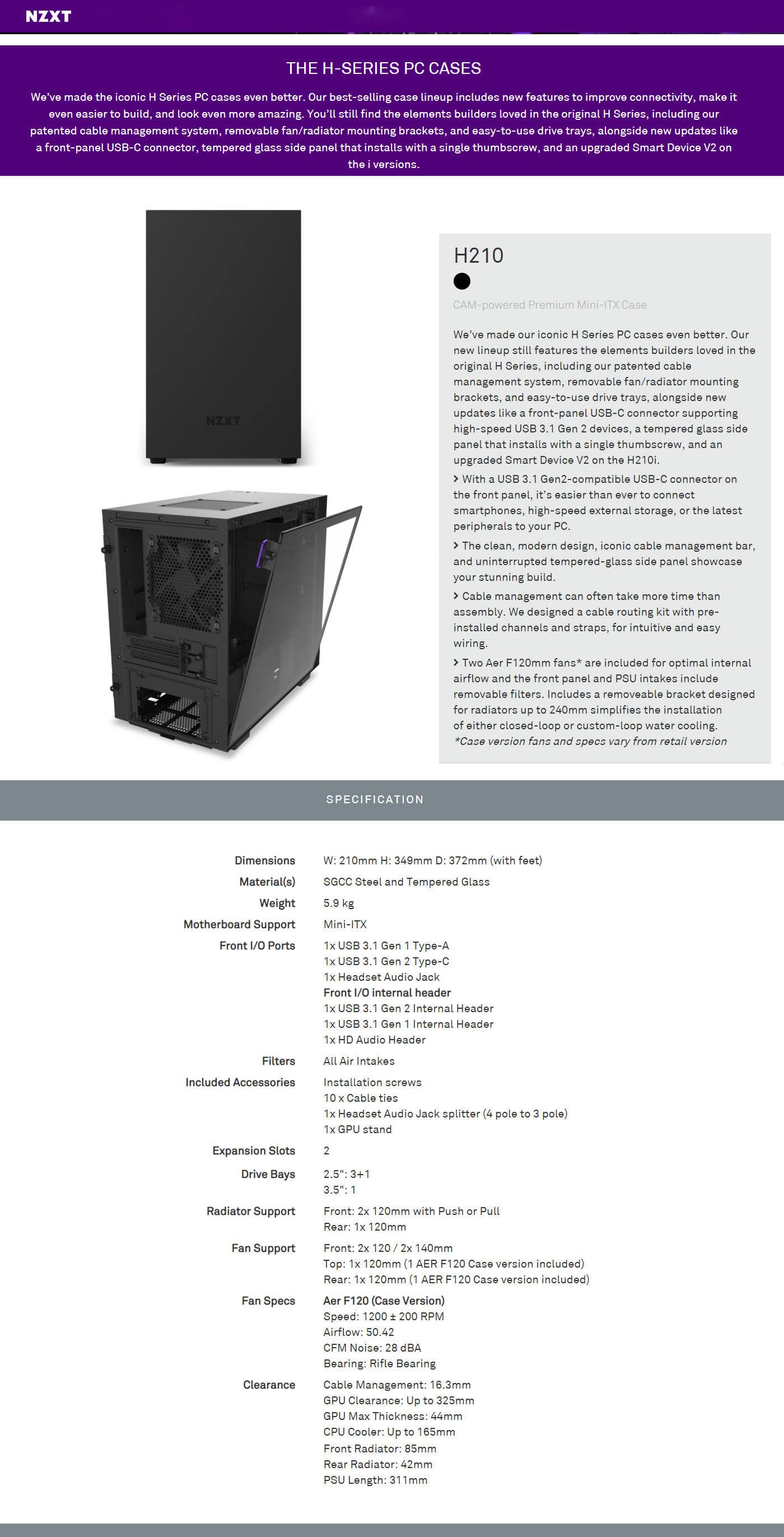 Buy Online Nzxt H210 CAM-Powered Premium Mini-ITX Case - Matte Black (CA-H210B-B1)