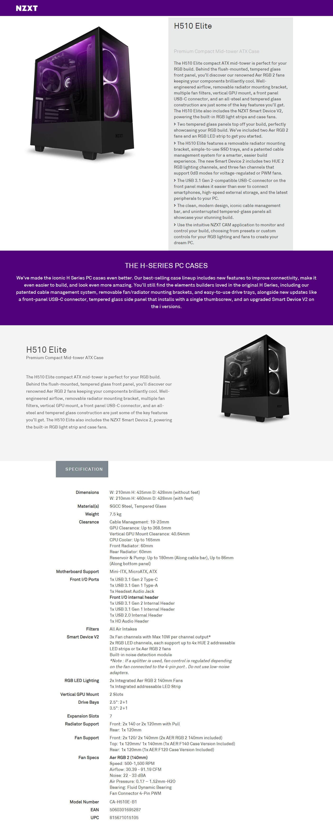 Buy Online Nzxt H510 Elite Premium Compact Mid-tower ATX Case - Matte Black (CA-H510E-B1)