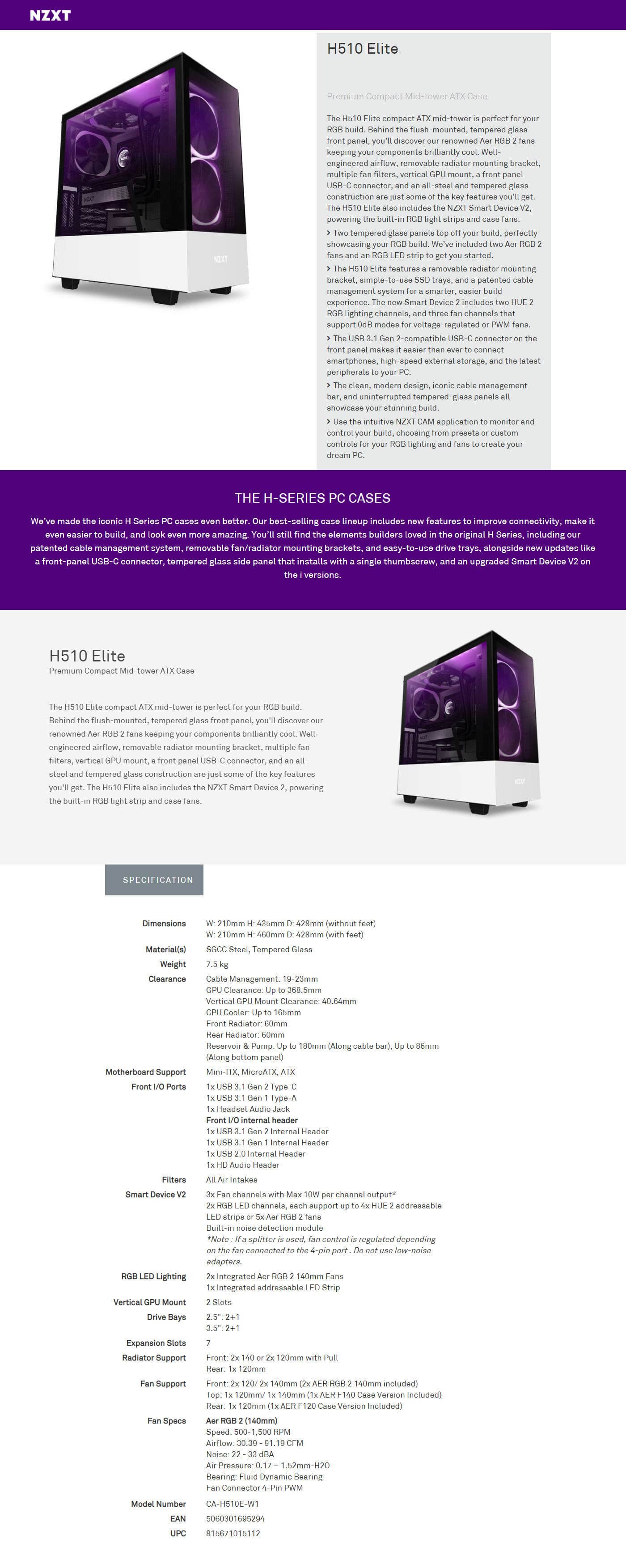 Buy Online Nzxt H510 Elite Premium Compact Mid-tower ATX Case - Matte White (CA-H510E-W1)
