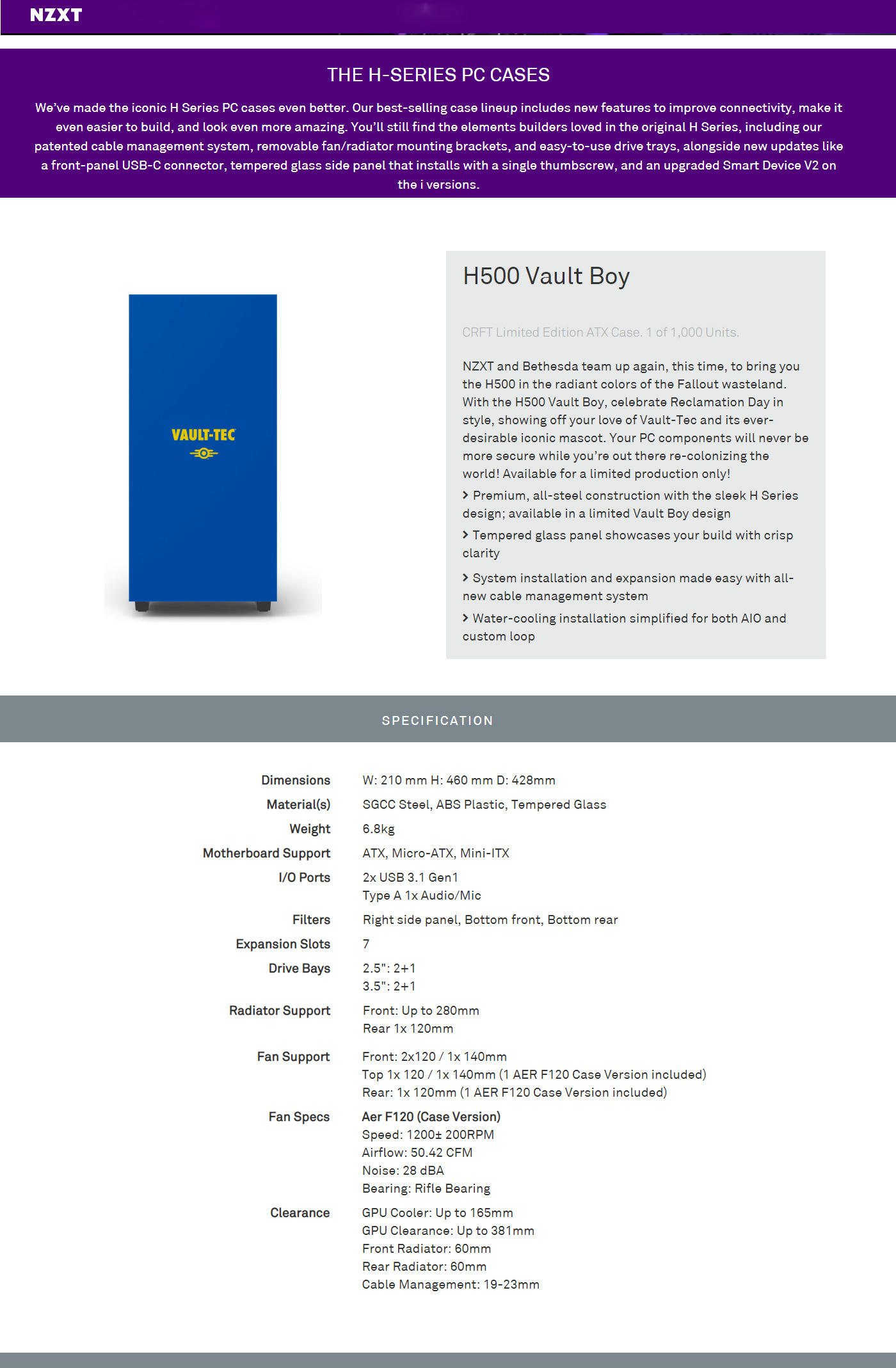 Buy Online Nzxt H500 Vault Boy CRFT Limited Edition ATX Case (CA-H500B-VB)
