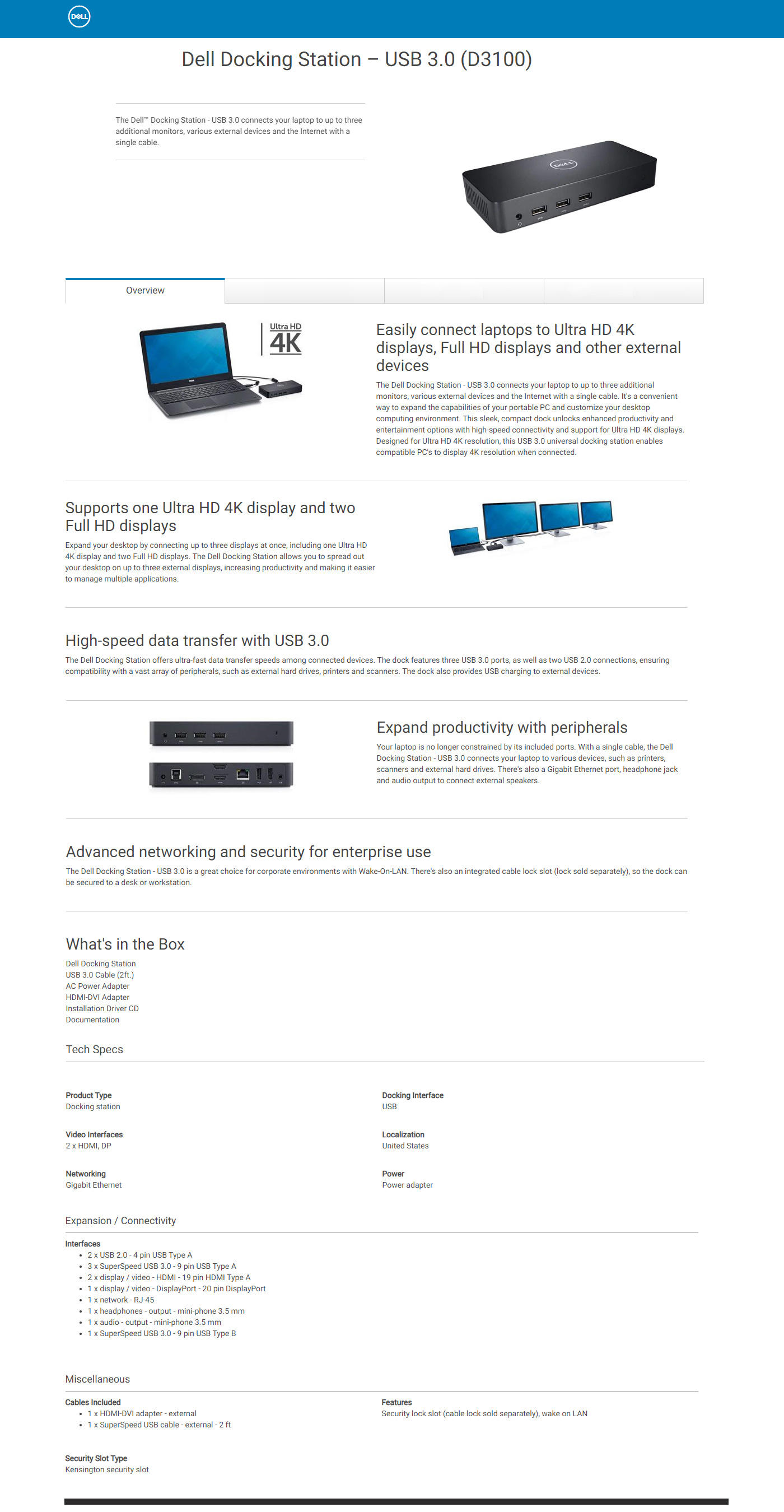 Buy Online Dell USB 3.0 Ultra HD Docking Station - D3100 (452-11718)