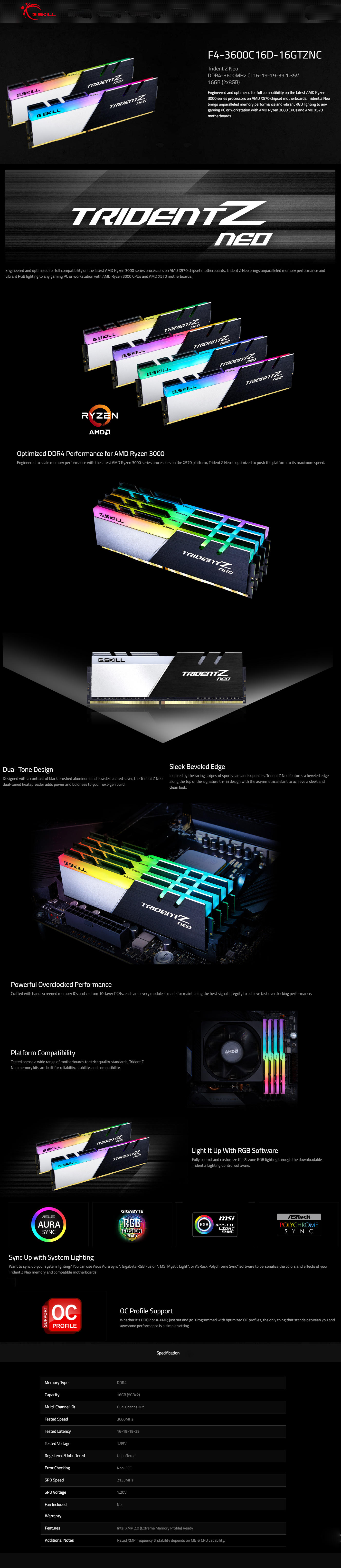 Buy Online G.skill Trident Z Neo 16GB (2 x 8GB) DDR4 3600MHz Desktop RAM (F4-3600C16D-16GTZNC)