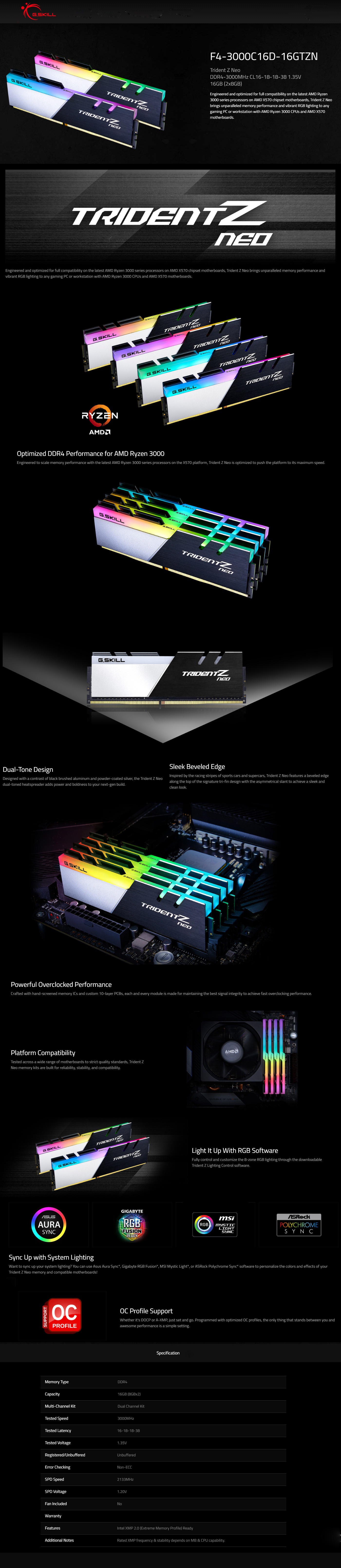 Buy Online G.skill Trident Z Neo 16GB (2 x 8GB) DDR4 3000MHz Desktop RAM (F4-3000C16D-16GTZN)