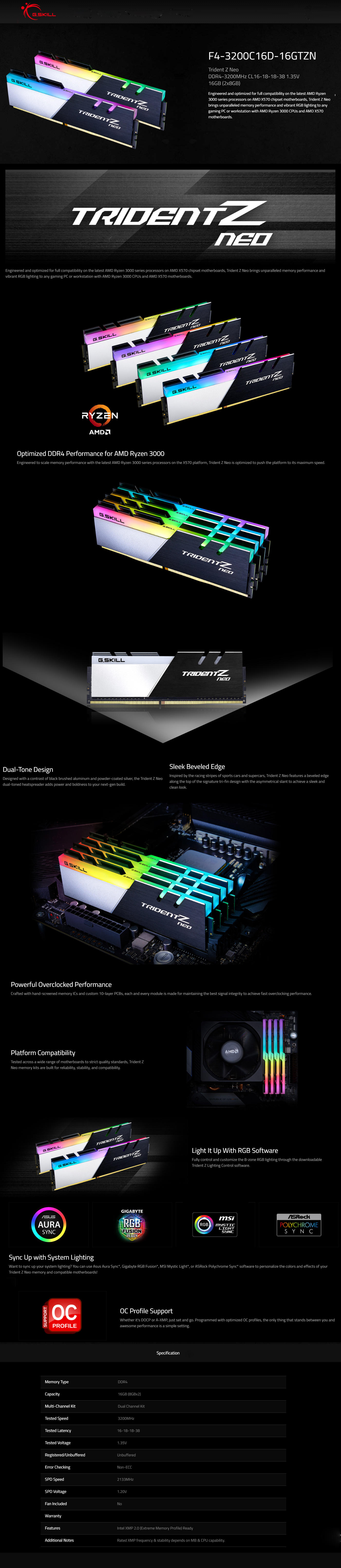 Buy Online G.skill Trident Z Neo 16GB (2 x 8GB) DDR4 3200MHz Desktop RAM (F4-3200C16D-16GTZN)
