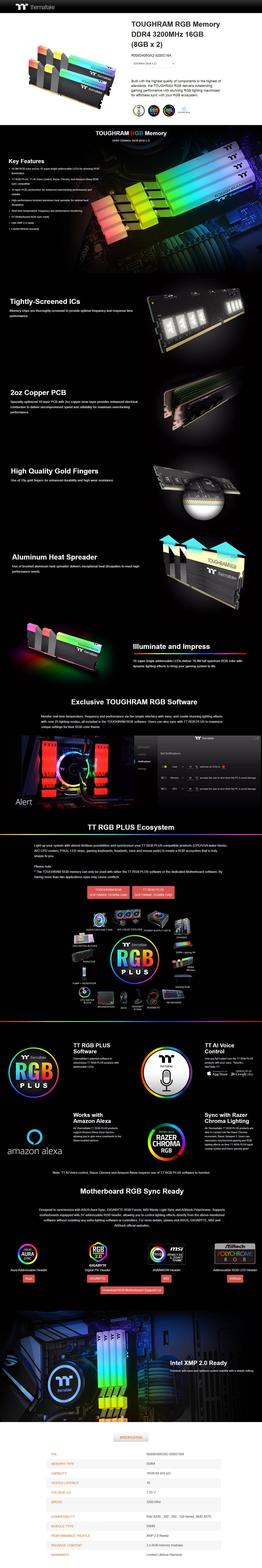 Buy Online Thermaltake TOUGHRAM RGB 16GB (8GB x 2) DDR4 3200MHz Memory (R009D408GX2-3200C16A)