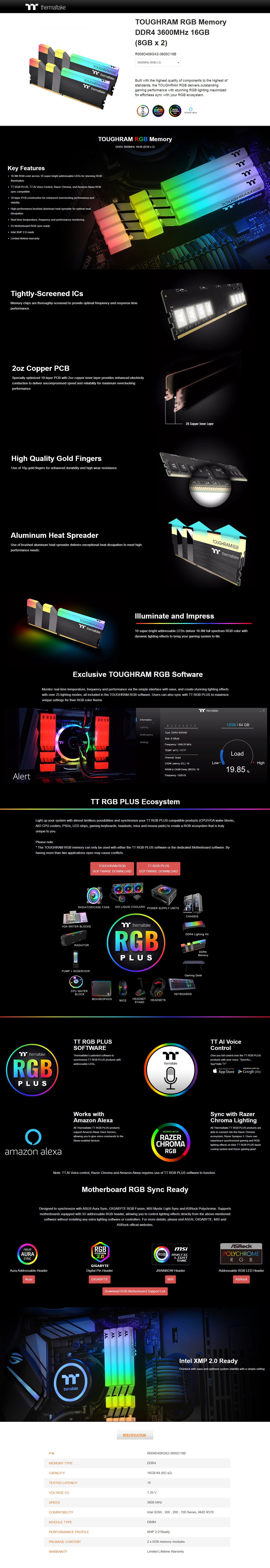 Buy Online Thermaltake TOUGHRAM RGB 16GB (8GB x 2) DDR4 3600MHz Memory (R009D408GX2-3600C18B)