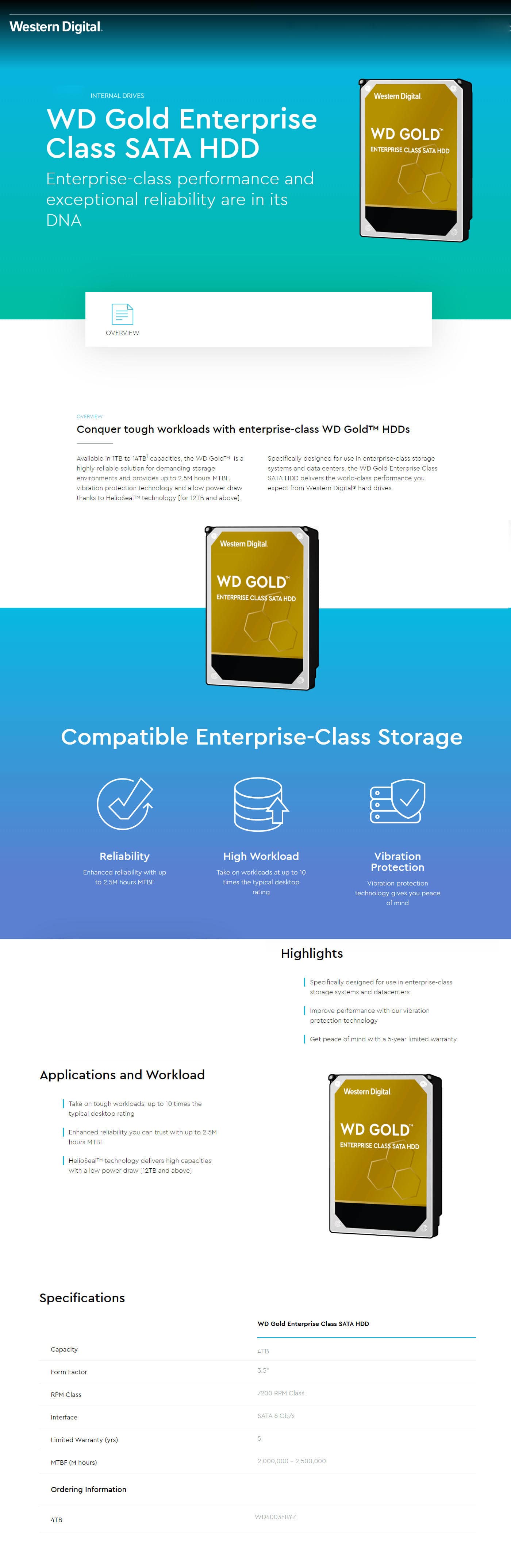 Buy Online Western Digital Gold 4TB Enterprise Class SATA Hard Drive (WD4003FRYZ)