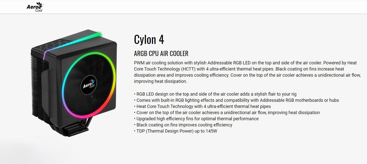 Buy Online Aerocool CYLON 4 ARGB CPU AIR COOLER