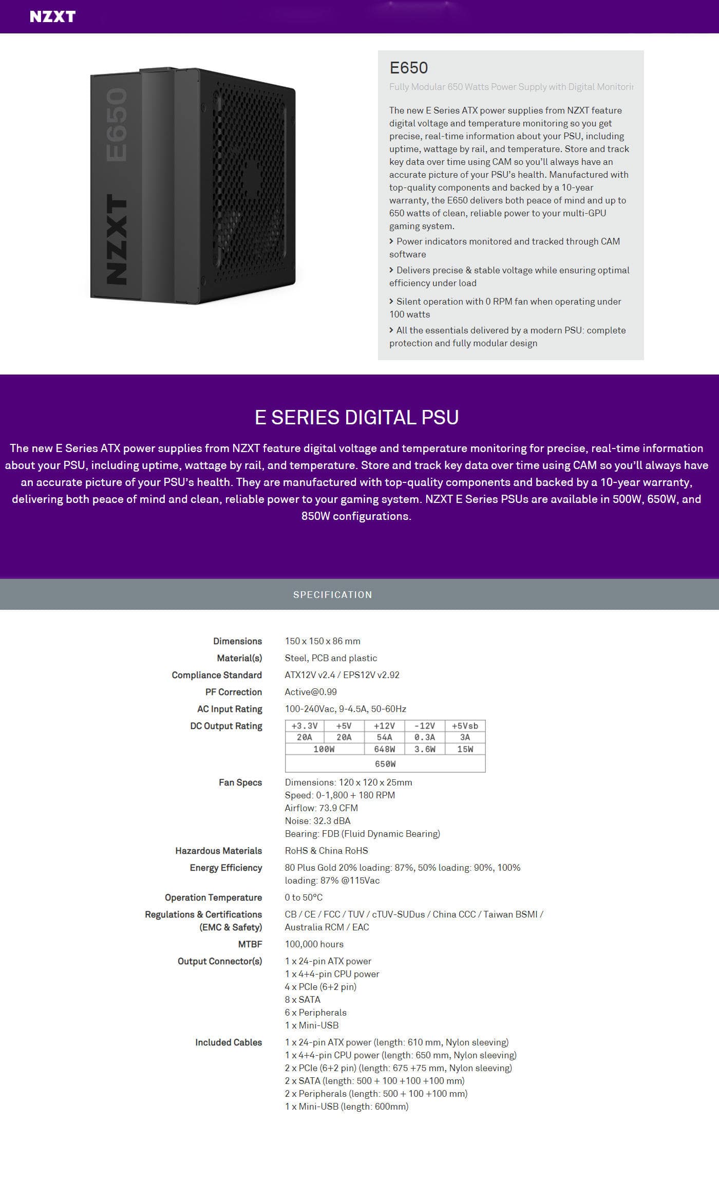 Buy Online Nzxt E650 Fully Modular 650 Watts Power Supply with Digital Monitoring Features (NP-1PM-E650A)