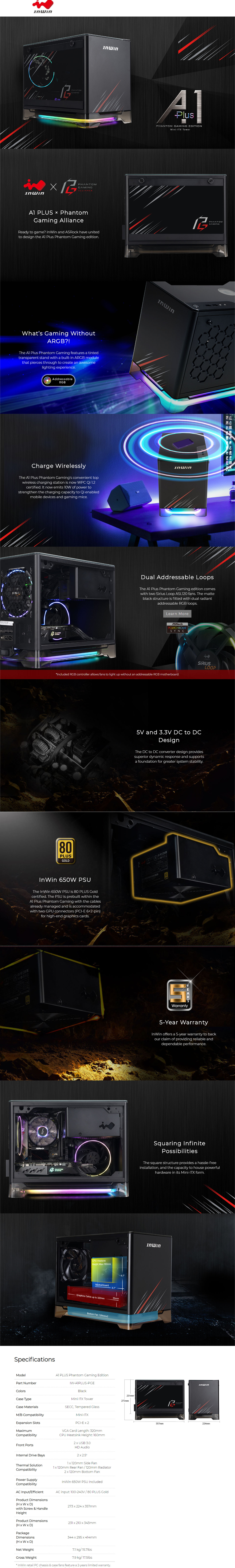 Buy Online InWin A1 Plus Mini ITX Tower with 650w PSU - Black Asrock Phantom