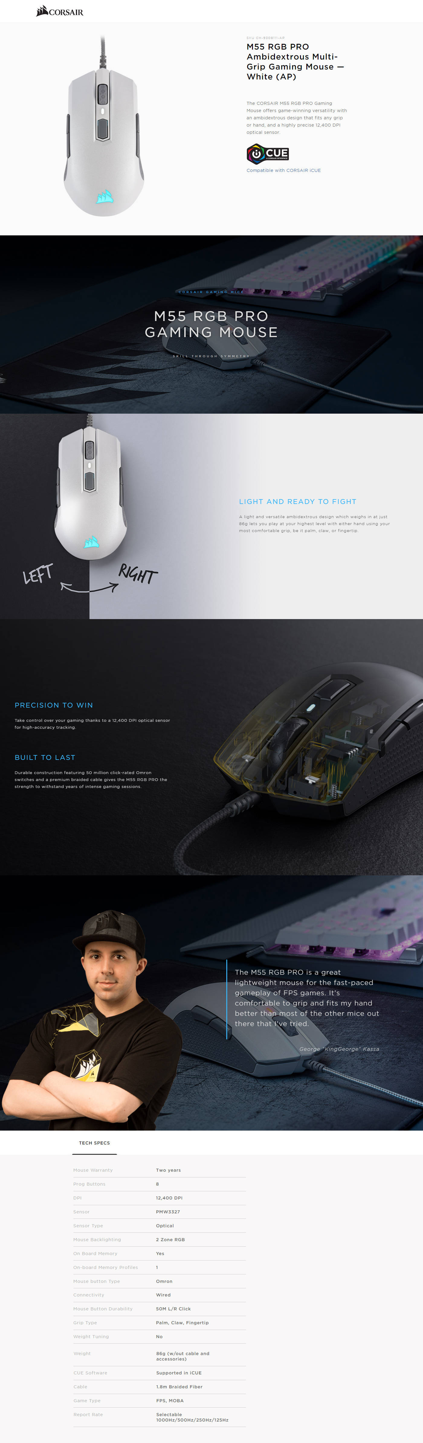 Buy Online Corsair M55 RGB PRO Ambidextrous Multi-Grip Gaming Mouse - White (CH-9308111-AP)
