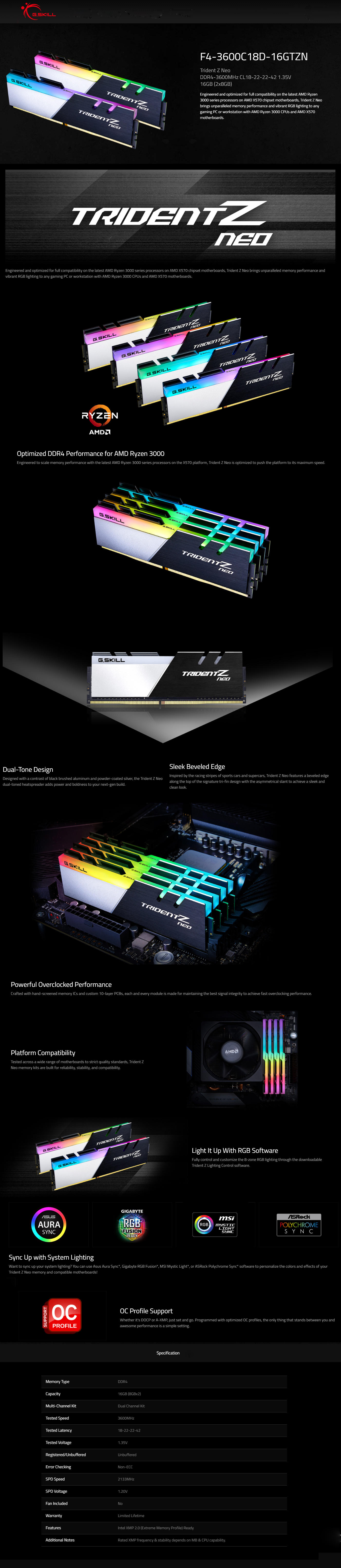 Buy Online G.skill Trident Z Neo 16GB (2 x 8GB) DDR4 3600MHz Desktop RAM (F4-3600C18D-16GTZN)