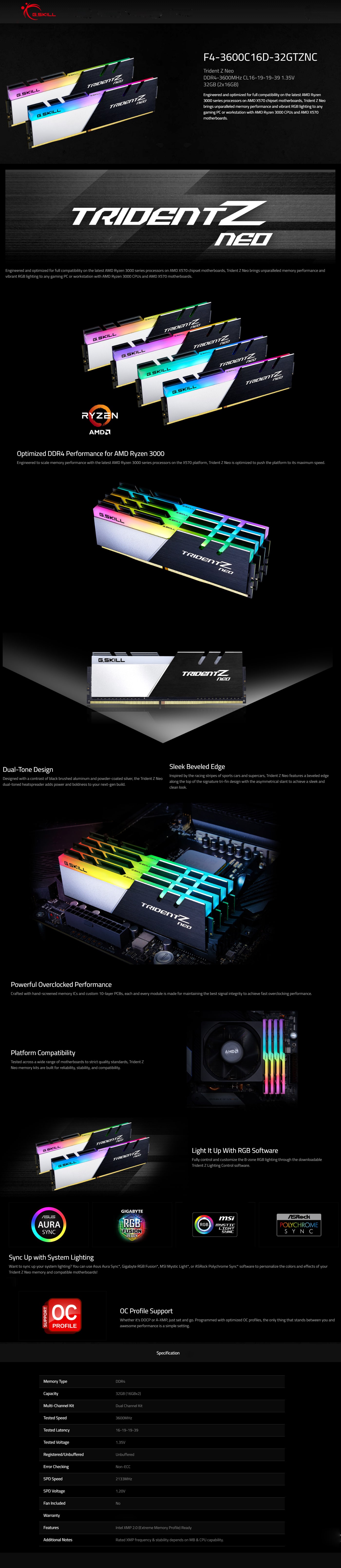 Buy Online G.skill Trident Z Neo 32GB (2 x 16GB) DDR4 3600MHz Desktop RAM (F4-3600C16D-32GTZNC)
