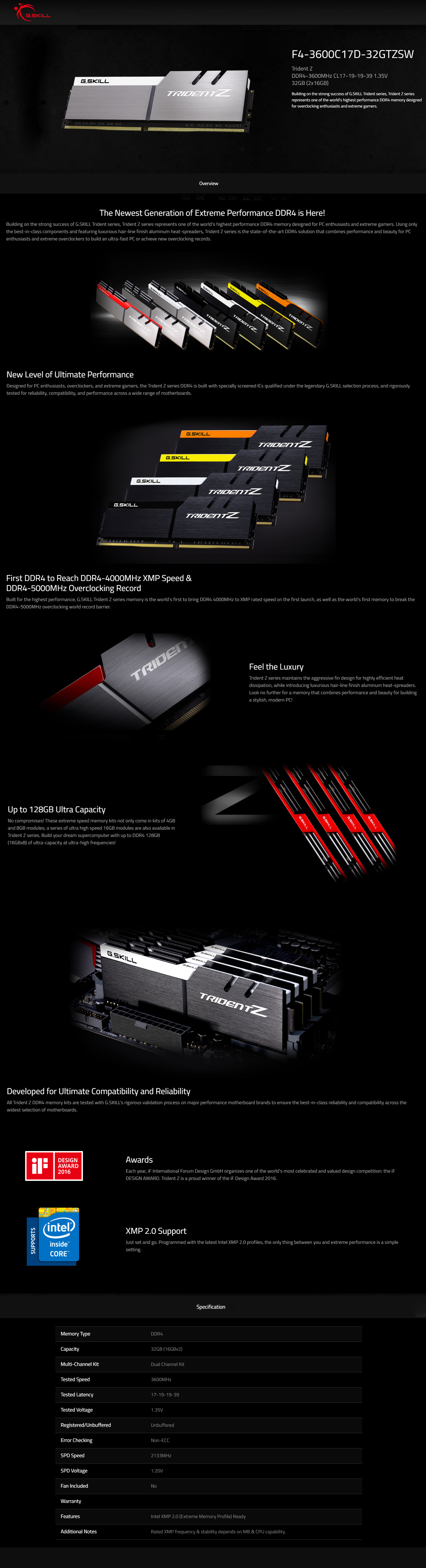 Buy Online G.skill Trident Z 32GB (2 x 16GB) DDR4 3600MHz Desktop RAM (F4-3600C17D-32GTZSW)