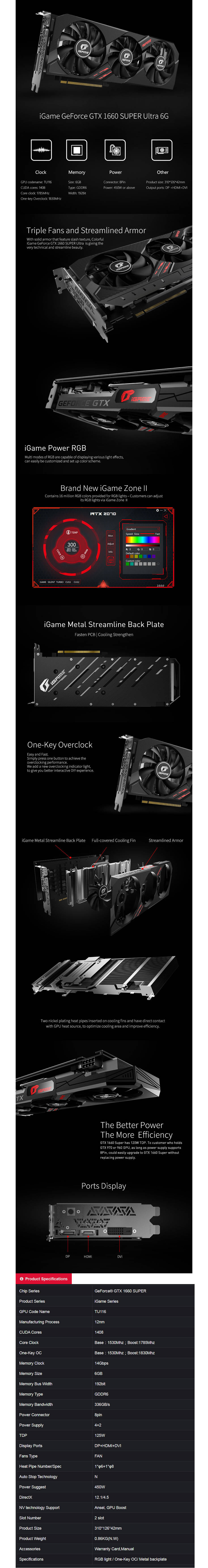 Buy Online Colorful iGame GeForce GTX 1660 Super Ultra 6G-V GDDR6 (G-I1660S UL 6G-V)