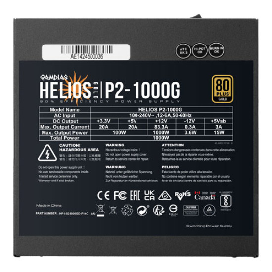 Gamdias HELIOS P2-1000G 1000W 80 PLUS Gold Fully Modular Power Supply Gamdias HELIOS P2-1000G 1000W 80 PLUS Gold Fully Modular Power Supply