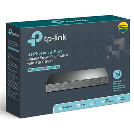 TP-Link JetStream 8-Port Gigabit Smart PoE Switch with 2 SFP Slots - T1500G-10PS (TL-SG2210P)