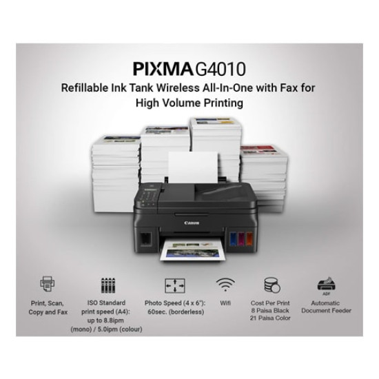 Canon PIXMA G4010 Refillable Ink Tank Wireless All-In-One with Fax Canon PIXMA G4010 Refillable Ink Tank Wireless All-In-One with Fax