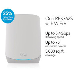 Netgear Orbi Tri-band AX5400 WiFi 6 Mesh System - 5.4Gbps - Router + 1 Satellite (RBK762-100EUS)
