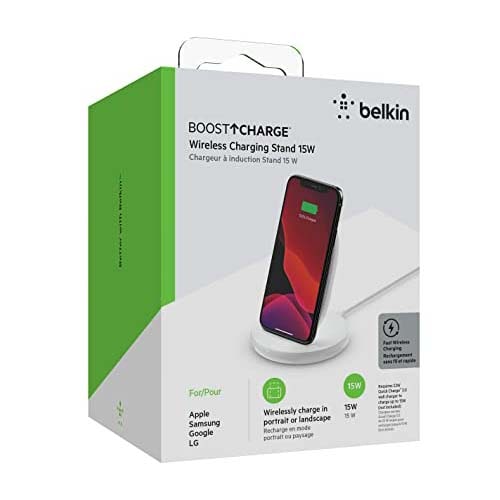 Belkin BOOST CHARGE 15W Wireless Charging Stand + QC 3.0 24W Wall Charger (WIB002BTWH)